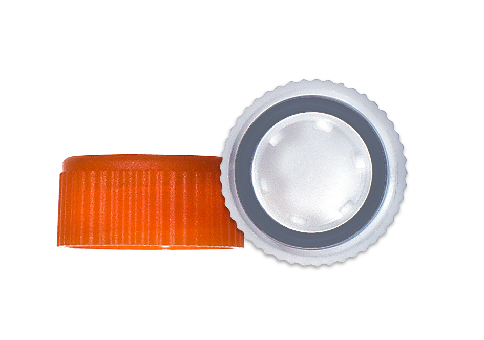 Orange cap beside a white IntegraSeal Cap on it's side, sowing the O-ring molded directly into the cap